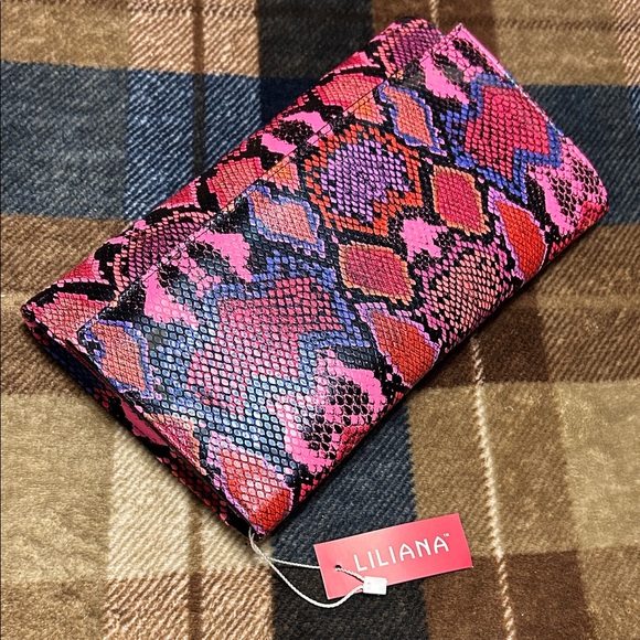 Liliana Handbags - Liliana Pink and Blue Snake Print Clutch